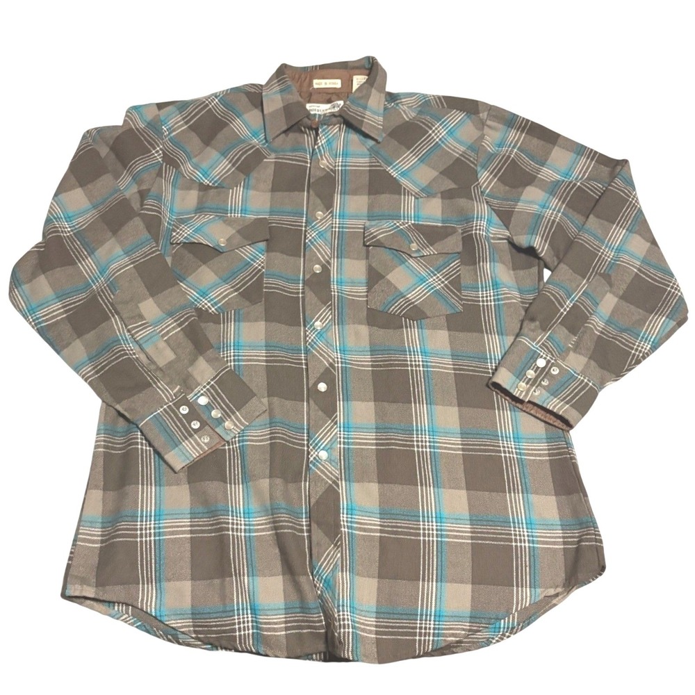 VTG Roebucks Lined Western Shirt Mens L Brown Plaid Pearl Snap Cowboy Workwear